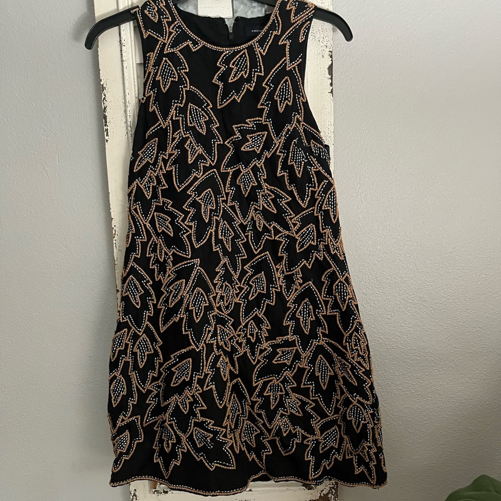 French Connection Black Mini Dress with Beaded Leaf Pattern
